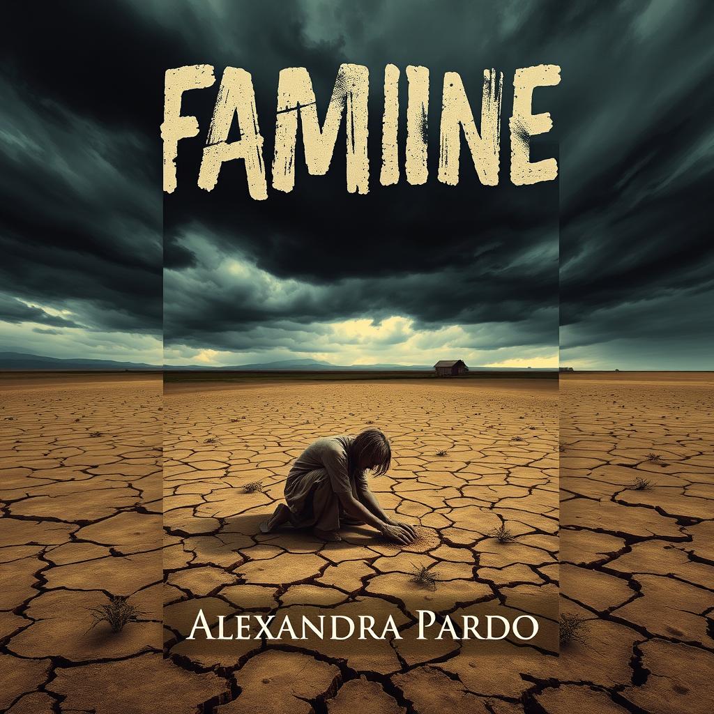 An evocative book cover design for 'Famine' by Alexandra Pardo, featuring a striking contrast between life and desolation