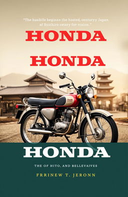 A dynamic and inspiring book cover featuring a vintage Honda motorcycle, specifically the iconic Super Cub, set against a backdrop of early 20th-century Japan, which symbolizes the humble beginnings of Soichiro Honda's vision