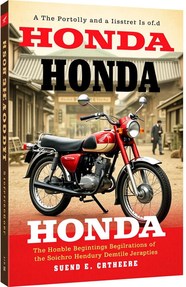 A dynamic and inspiring book cover featuring a vintage Honda motorcycle, specifically the iconic Super Cub, set against a backdrop of early 20th-century Japan, which symbolizes the humble beginnings of Soichiro Honda's vision