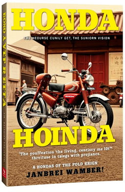 A dynamic and inspiring book cover featuring a vintage Honda motorcycle, specifically the iconic Super Cub, set against a backdrop of early 20th-century Japan, which symbolizes the humble beginnings of Soichiro Honda's vision