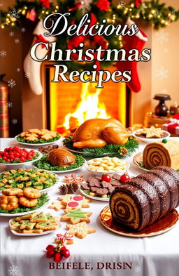 A festive and inviting book cover for a Christmas Recipe Book featuring a beautifully decorated table laden with an array of delicious holiday treats