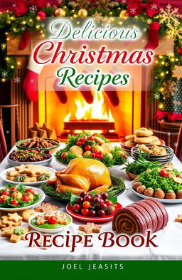A festive and inviting book cover for a Christmas Recipe Book featuring a beautifully decorated table laden with an array of delicious holiday treats