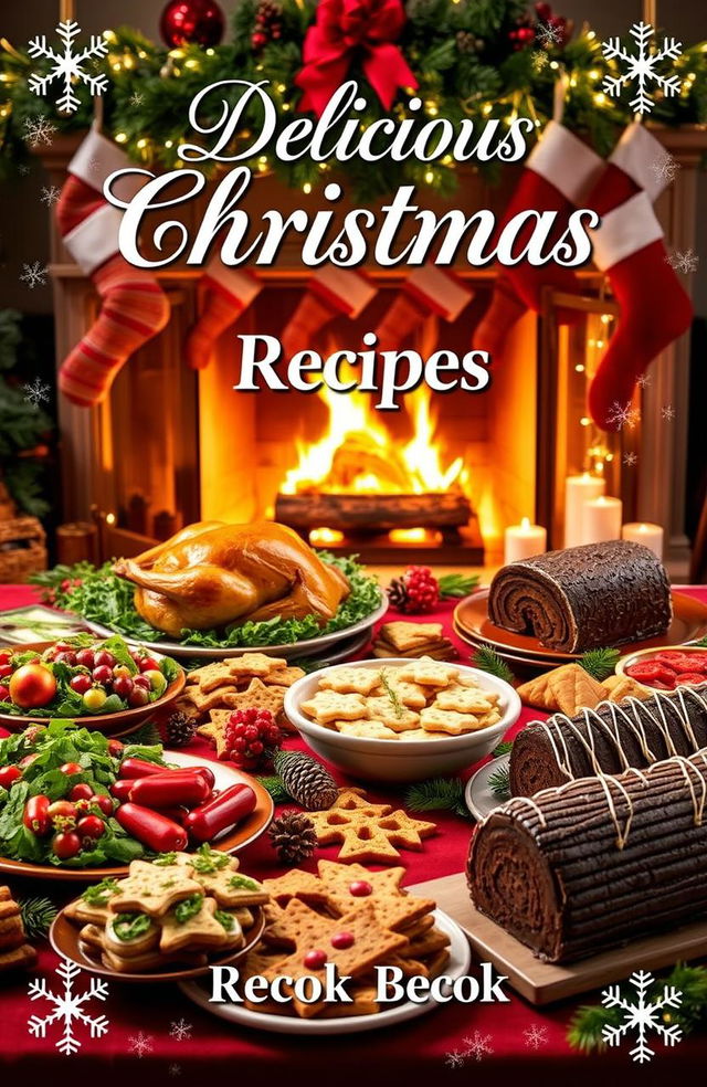 A festive and inviting book cover for a Christmas Recipe Book featuring a beautifully decorated table laden with an array of delicious holiday treats