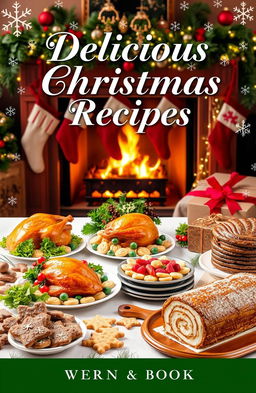 A festive and inviting book cover for a Christmas Recipe Book featuring a beautifully decorated table laden with an array of delicious holiday treats