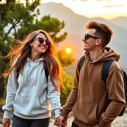 A young couple embarking on a romantic journey, wearing stylish hoodies and trendy sunglasses