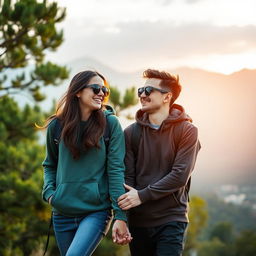 A young couple embarking on a romantic journey, wearing stylish hoodies and trendy sunglasses