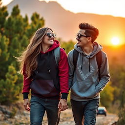 A young couple embarking on a romantic journey, wearing stylish hoodies and trendy sunglasses