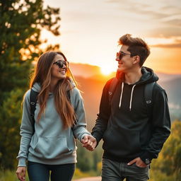 A young couple embarking on a romantic journey, wearing stylish hoodies and trendy sunglasses