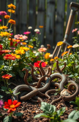 A highly detailed and dramatic scene of a worm infestation in a lush garden