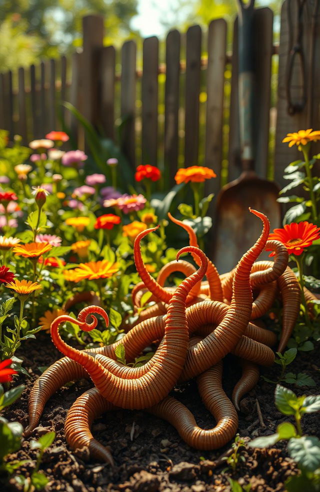 A highly detailed and dramatic scene of a worm infestation in a lush garden