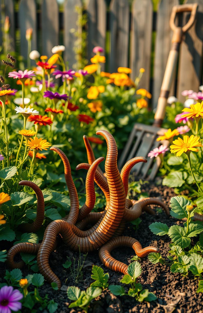 A highly detailed and dramatic scene of a worm infestation in a lush garden