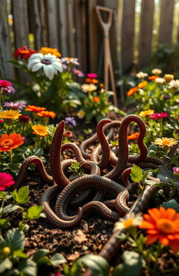 A highly detailed and dramatic scene of a worm infestation in a lush garden