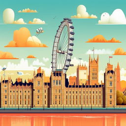 Generate a playful, cartoon-styled visual of the capital city London, featuring the iconic Big Ben and the London Eye.