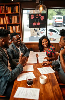 A lively scene featuring two Black men and two Black women sitting around a wooden table, deeply engaged in a discussion about movie scripts
