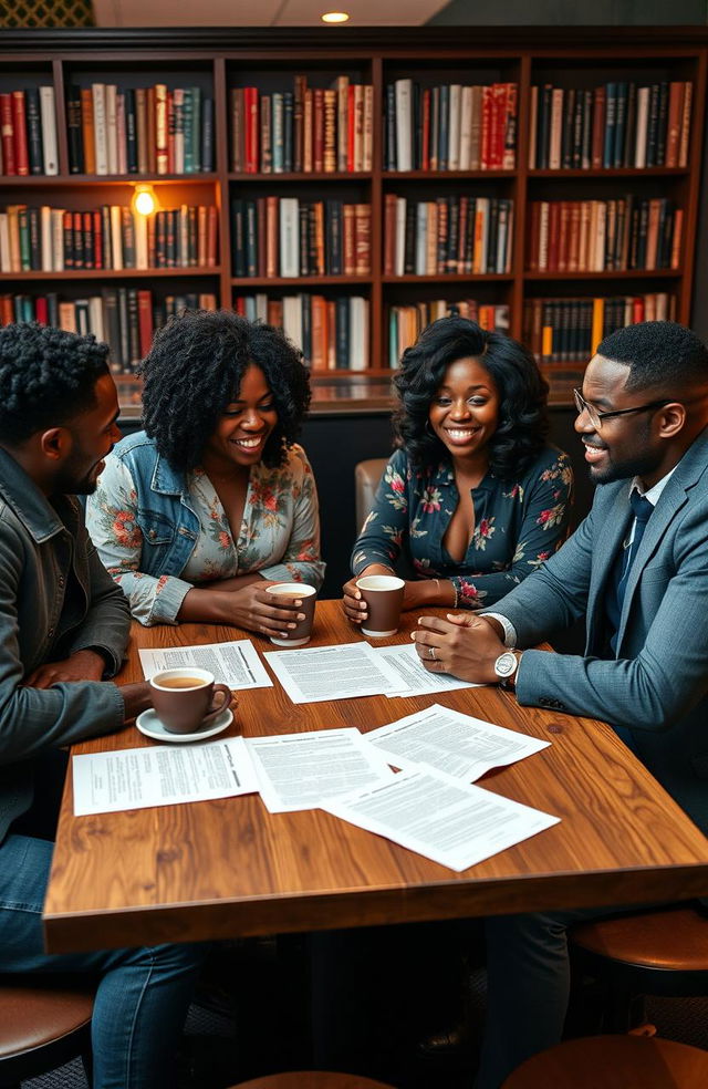 A lively scene featuring two Black men and two Black women sitting around a wooden table, deeply engaged in a discussion about movie scripts