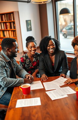 A lively scene featuring two Black men and two Black women sitting around a wooden table, deeply engaged in a discussion about movie scripts