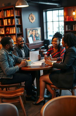 A lively scene featuring two Black men and two Black women sitting around a wooden table, deeply engaged in a discussion about movie scripts