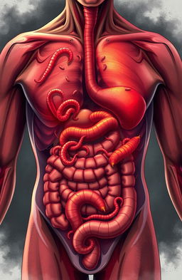 A disturbing yet fascinating illustration depicting the effects of a worm infestation inside a human body