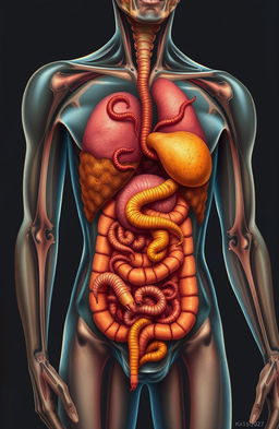 A disturbing yet fascinating illustration depicting the effects of a worm infestation inside a human body