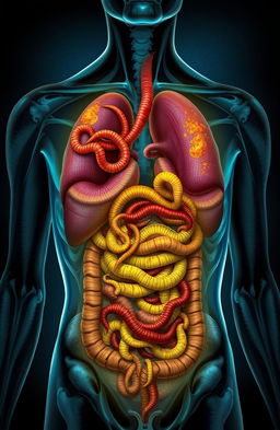 A disturbing yet fascinating illustration depicting the effects of a worm infestation inside a human body