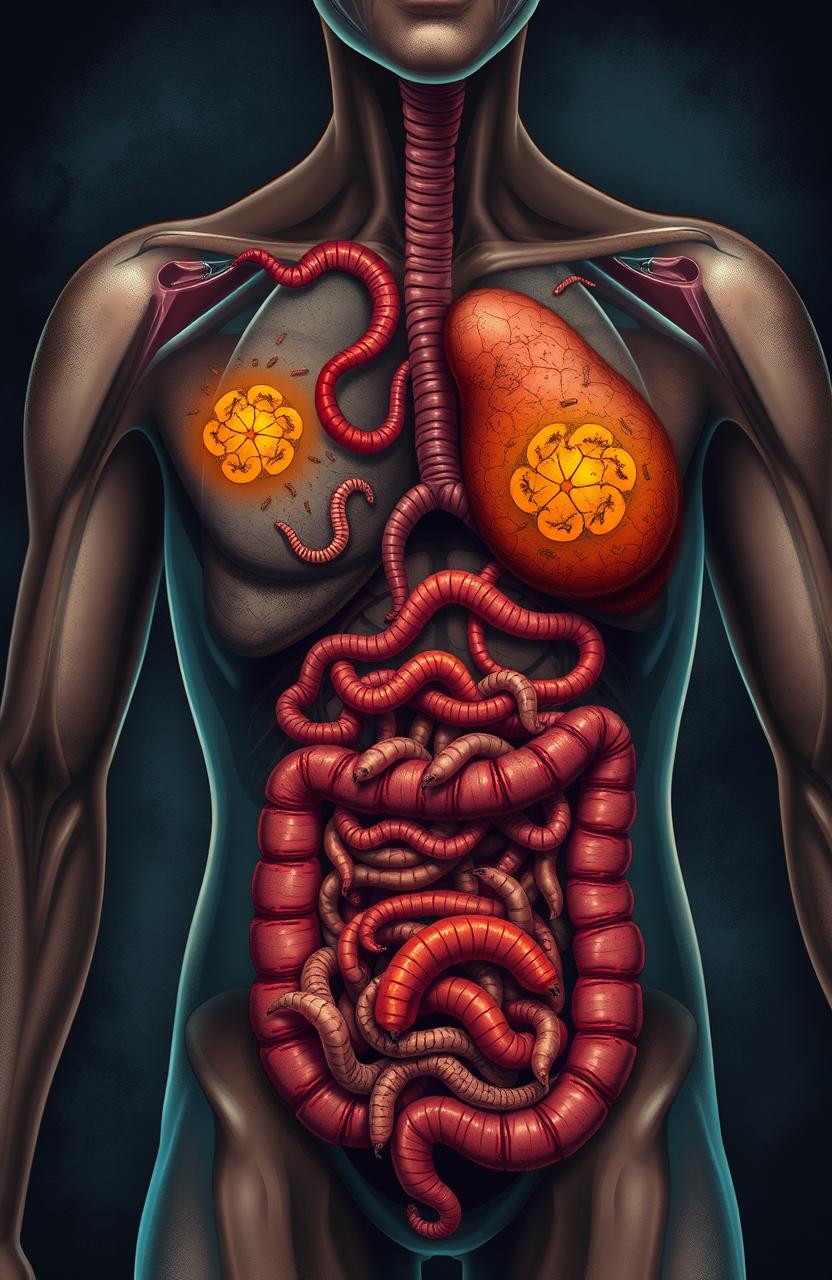 A disturbing yet fascinating illustration depicting the effects of a worm infestation inside a human body