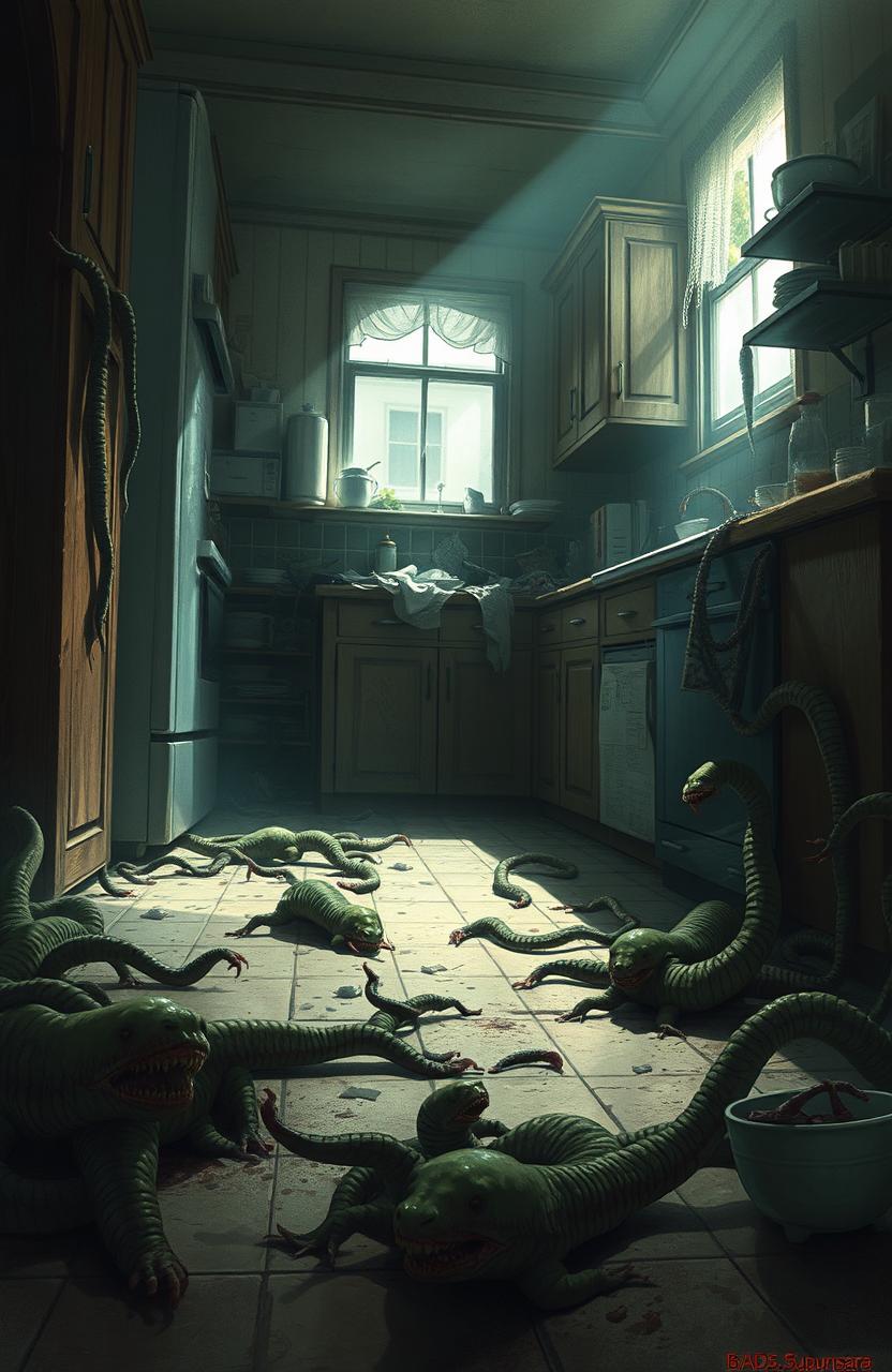 A detailed illustration depicting a dramatic and eerie scene of worm infestation in a household environment