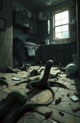 A detailed illustration depicting a dramatic and eerie scene of worm infestation in a household environment