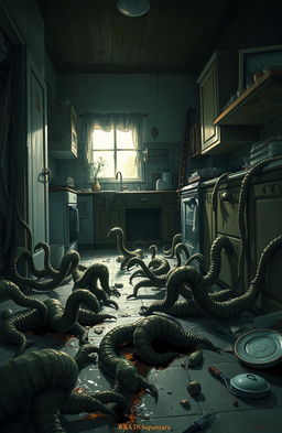 A detailed illustration depicting a dramatic and eerie scene of worm infestation in a household environment