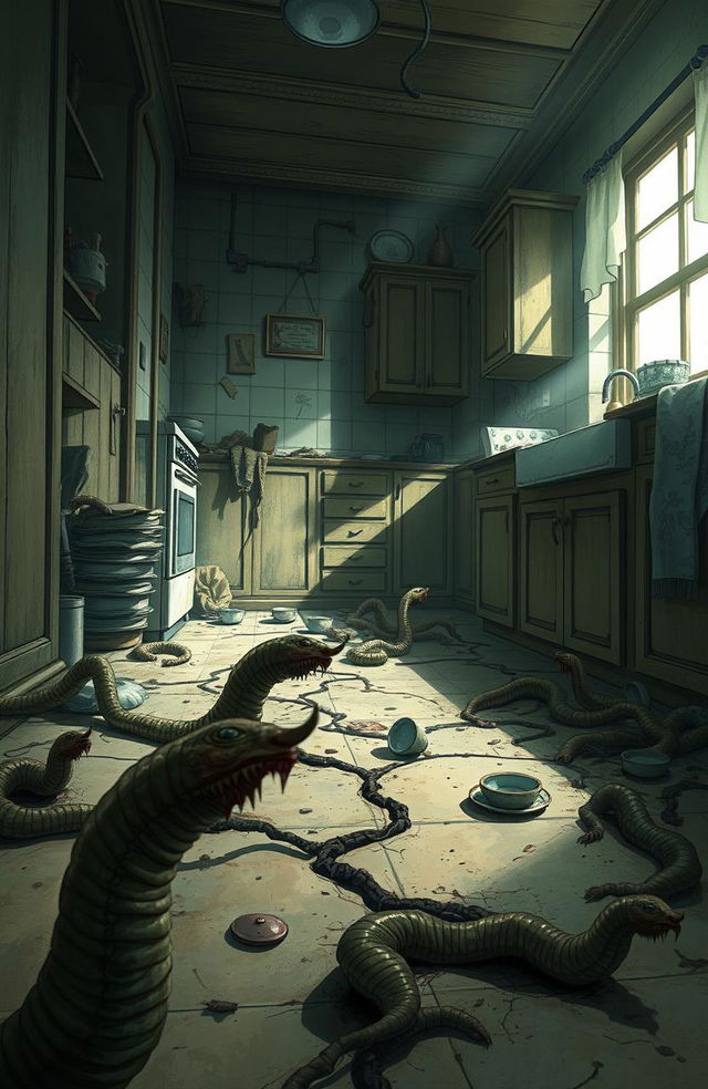 A detailed illustration depicting a dramatic and eerie scene of worm infestation in a household environment