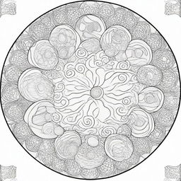 Design a coloring page featuring a mandala composed of intricately patterned dinosaur eggs