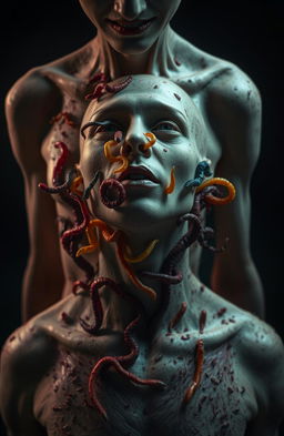 An artistic representation of a surreal and disturbing concept: a human figure with visible worm infestations on the skin, showcasing various colorful worms crawling out of the body