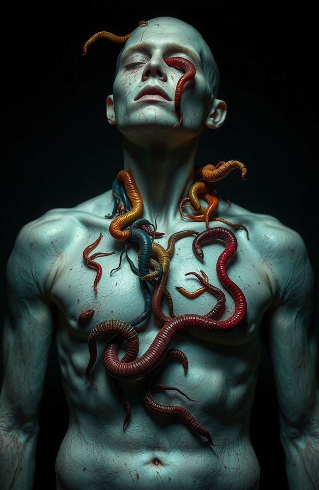 An artistic representation of a surreal and disturbing concept: a human figure with visible worm infestations on the skin, showcasing various colorful worms crawling out of the body