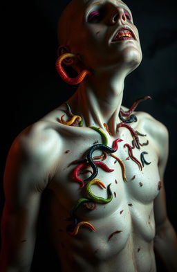 An artistic representation of a surreal and disturbing concept: a human figure with visible worm infestations on the skin, showcasing various colorful worms crawling out of the body