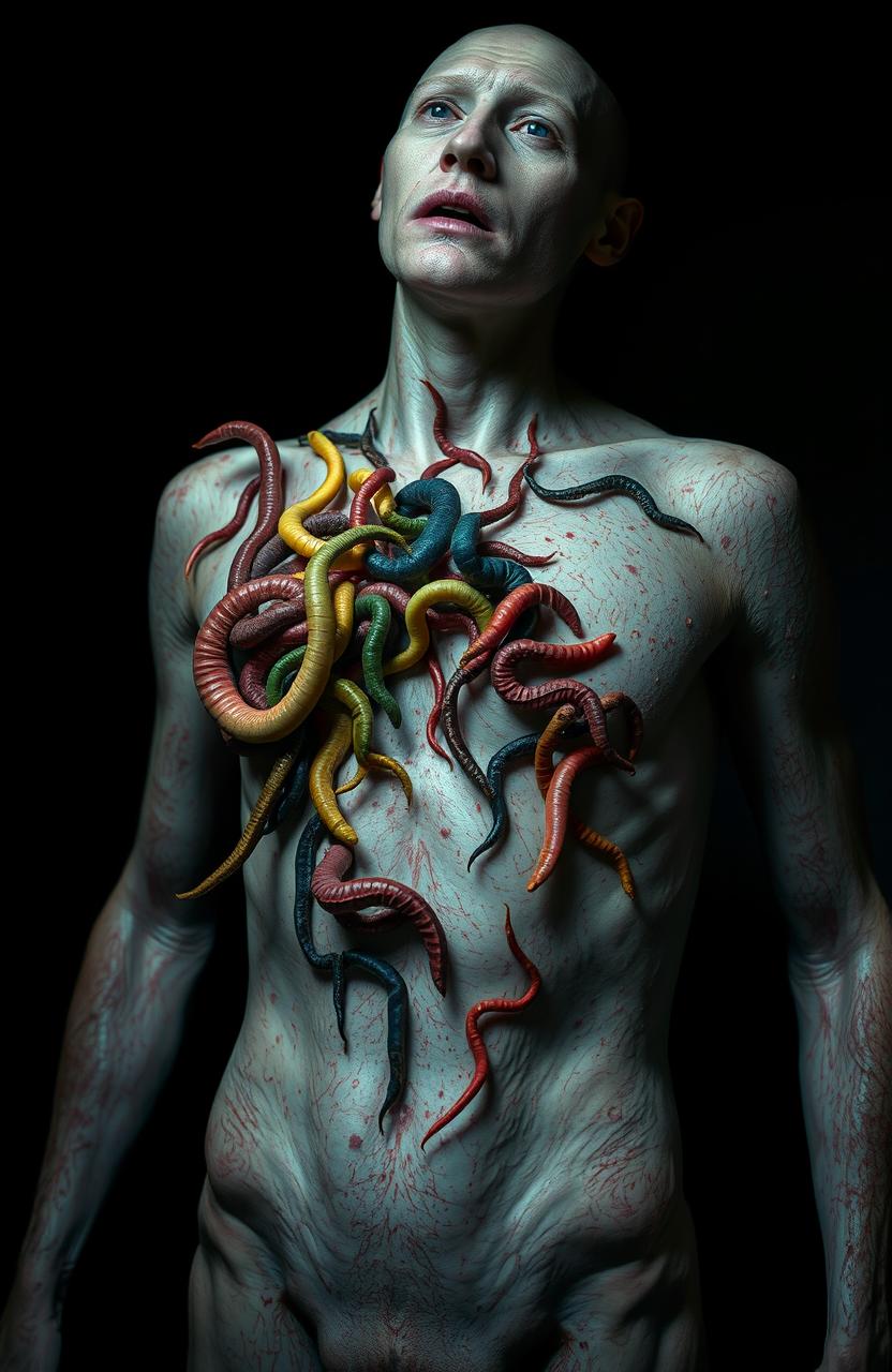 An artistic representation of a surreal and disturbing concept: a human figure with visible worm infestations on the skin, showcasing various colorful worms crawling out of the body