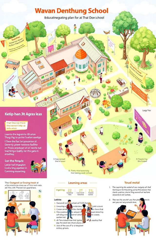 Educational integration plan for learning (IS) focusing on the learning areas at Wat Don Thong School, featuring a detailed layout of the school's facilities, classrooms, and outdoor learning spaces