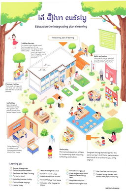 Educational integration plan for learning (IS) focusing on the learning areas at Wat Don Thong School, featuring a detailed layout of the school's facilities, classrooms, and outdoor learning spaces