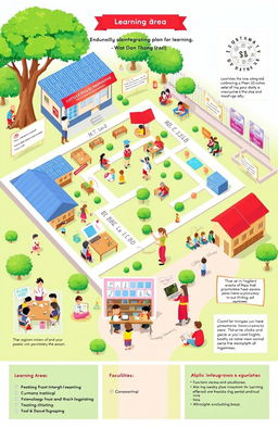 Educational integration plan for learning (IS) focusing on the learning areas at Wat Don Thong School, featuring a detailed layout of the school's facilities, classrooms, and outdoor learning spaces