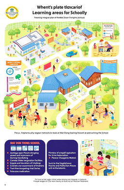 Educational integration plan for learning (IS) focusing on the learning areas at Wat Don Thong School, featuring a detailed layout of the school's facilities, classrooms, and outdoor learning spaces