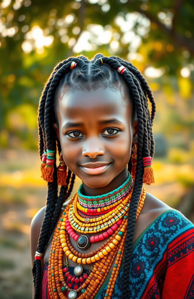 A portrait of a vibrant African girl from a traditional tribe, wearing colorful tribal attire adorned with intricate patterns and jewelry