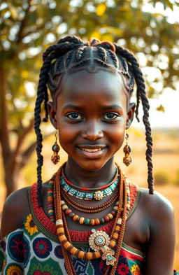 A portrait of a vibrant African girl from a traditional tribe, wearing colorful tribal attire adorned with intricate patterns and jewelry