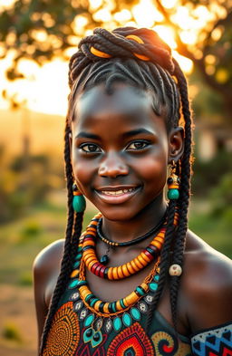 A portrait of a vibrant African girl from a traditional tribe, wearing colorful tribal attire adorned with intricate patterns and jewelry