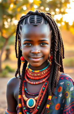 A portrait of a vibrant African girl from a traditional tribe, wearing colorful tribal attire adorned with intricate patterns and jewelry