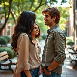 Two women and one man in a romantic drama setting within a school environment, reminiscent of a novel