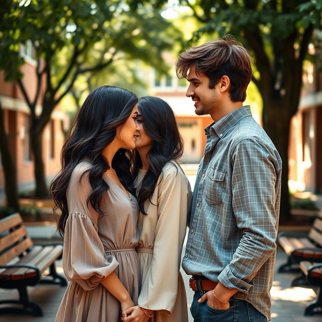 Two women and one man in a romantic drama setting within a school environment, reminiscent of a novel