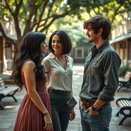Two women and one man in a romantic drama setting within a school environment, reminiscent of a novel