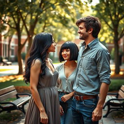 Two women and one man in a romantic drama setting within a school environment, reminiscent of a novel
