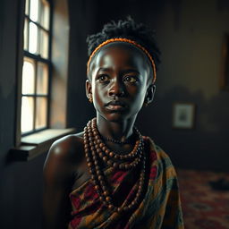 A dramatic scene featuring a young African girl dressed in traditional tribal attire, radiating strength and resilience