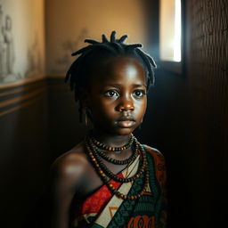 A dramatic scene featuring a young African girl dressed in traditional tribal attire, radiating strength and resilience