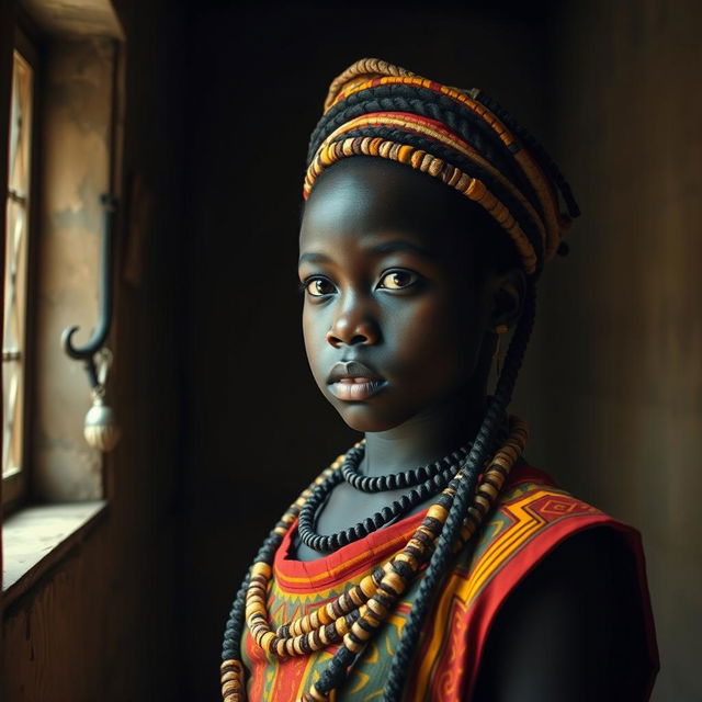 A dramatic scene featuring a young African girl dressed in traditional tribal attire, radiating strength and resilience