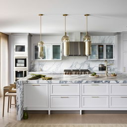 Modern kitchen with bright lighting, sleek marble countertops, stainless steel appliances, a large island in the middle, and white cabinetry filled with dishes and utensils